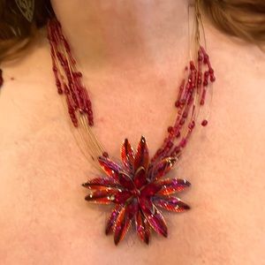 Chicos multi strand red rhinestone enamel painted brass poinsettia necklace